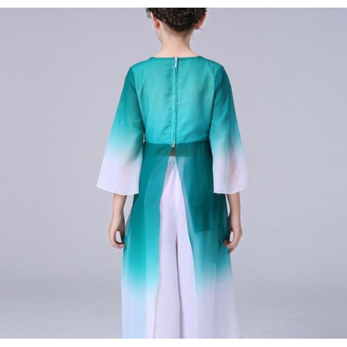 Girls blue with floral chinese folk dance costumes princess hanfu traditional classical dance fairy cosplay dresses